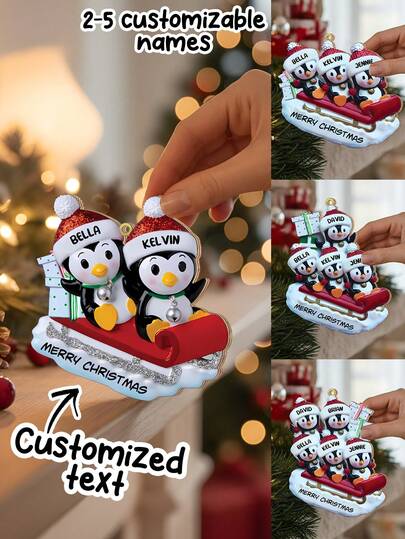 Enfeite de Natal personalizado com pinguim, nome personalizado, decoração para árvore de Natal 2025, decoração fofa de inverno para casa, lembrança, enfeite de Natal personalizado para pais, filhos, casais ou amigos, presente de Natal elegante para troca de presentes e lembrança com o nome da família, decoração festiva de inverno, enfeite de pinguim personalizado