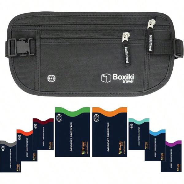 Travel Black Money Belt With RFID Sleeves Set 8 Pcs Navy Blue Secure Waist Bag And RFID Card Holder For Men And Women