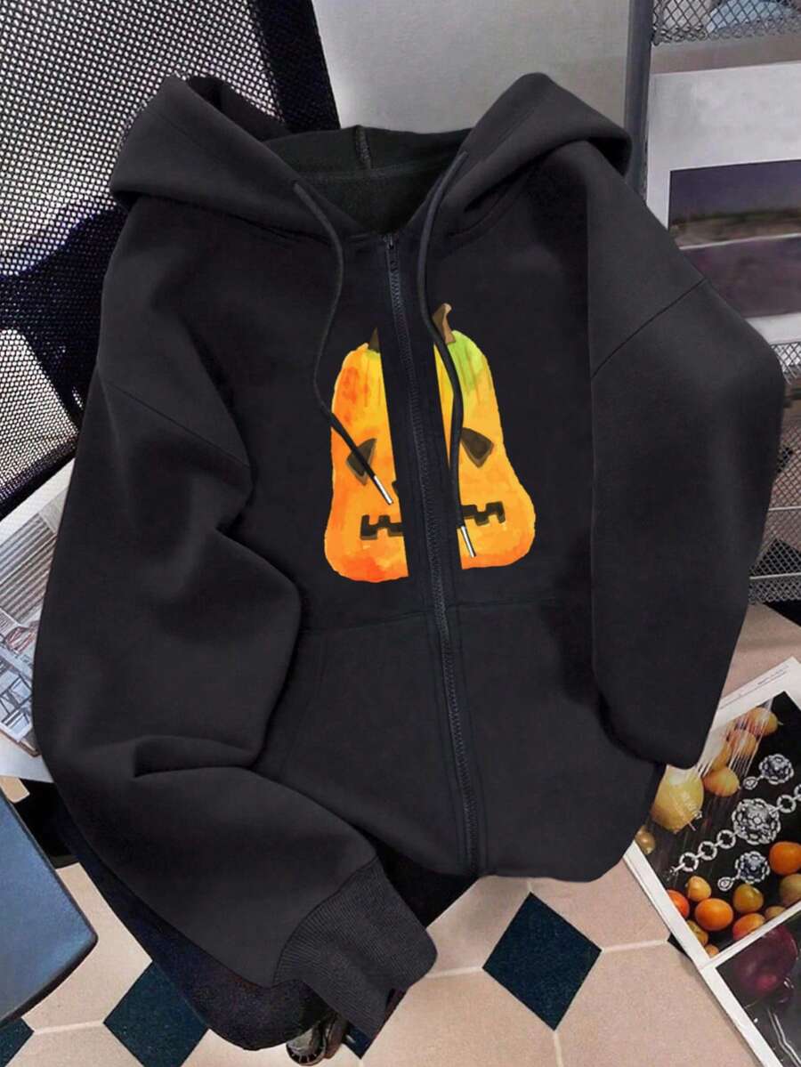 Mujer005 Sudadera con capucha y cremallera para mujer de Halloween invierno sudadera de manga larga cómoda suave Sudadera con capucha negra con impresión de dos calabazas de Halloween atractiva para eventos y look casual - Negro - Ver 1