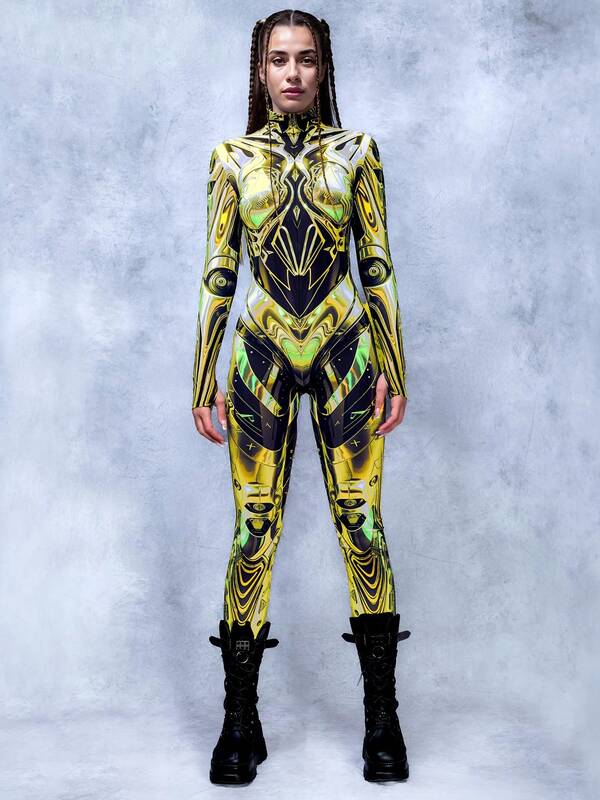 Combinaison imprimée numériquement pour femmes, costume de scène technologiquement avancé, tenue de style punk, imprimée, avec fermeture éclair à l'avant, manches longues, convient pour un costume d'Halloween
