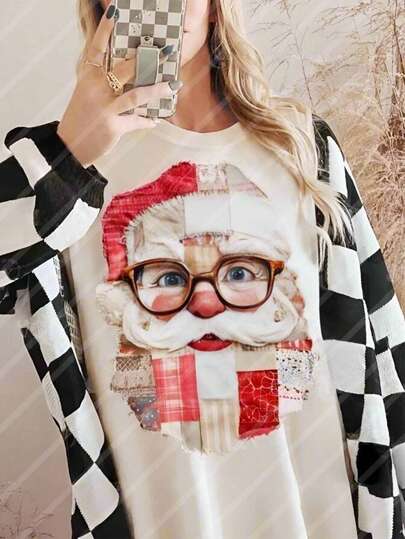 Vintage Patchwork Christmas Santa Clause DIY Iron-On Heat Transfer Sticker Decals Patch, Suitable For T-Shirts, Sweatshirts, Pillowcases, Fabric, Bags And Clothing Decoration, Winter Xmas Holiday Party Decor, 10inch