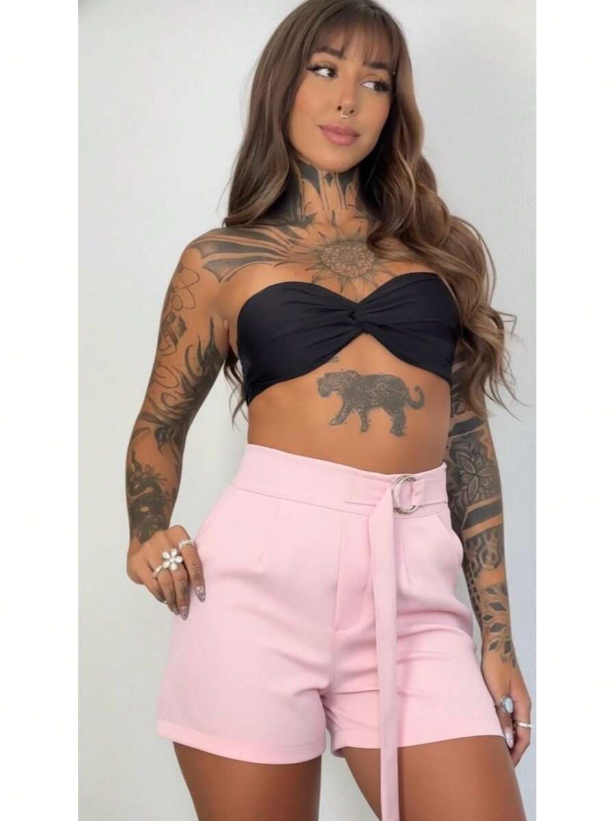 Women's Tailored Shorts With Ties - Baby Pink - View 1
