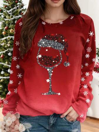 Christmas New Women Vinglas Print Mode Sweatshirt, höst-vinter