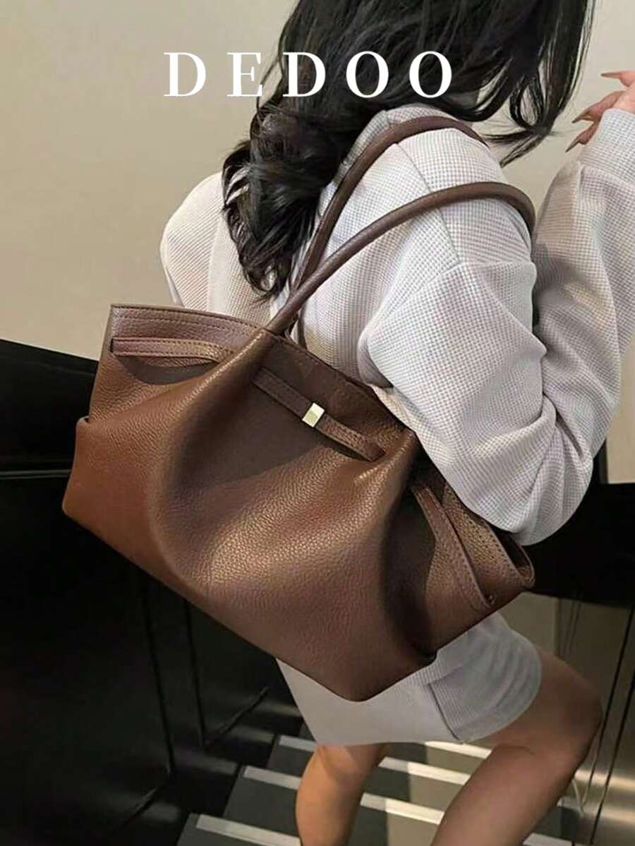 Dedoo CHAIKA & KILTER Solid Color PU Leather Shoulder Bag, Women's Retro Casual Large Capacity Handbag With Adjustable Strap, Pleated Design, Dual Handles And Magnetic Snap, Suitable For Travel, Shopping, Dating, Teens, College Students, Young Professionals, Office, School, Work, Business, Commuting, Outdoor, Travel, Hiking And More, New Fashion Large Capacity Women Tote