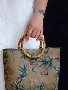 1 pieza Bolso de mano redondo tejido a mano de madera