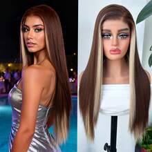 Halloween Christmas 13*4 Lace Front Wigs Straight Wigs With High Quality Synthetic Hair 28inch Brown Highlight Blonde Wigs And Good Texture - 挑染金色 - 查看 7
