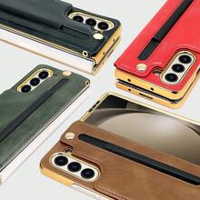 VIETAO Funda de teléfono con soporte, correa para la mano y ranura para tarjetas, chapada en oro, de piel sintética, compatible con Samsung Galaxy Z Fold 7 6 5 4 3 Fold6 - Marrón - Ver 8
