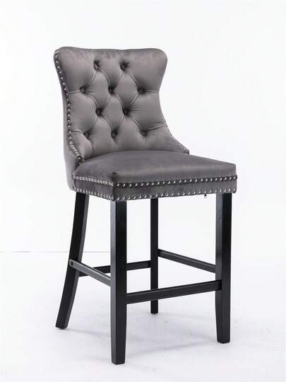 Contemporary Fluwelen Upholstered Bar Stool Buttoned Lattice Wooden Legs Chrome Nailhead Chair, Stools, DE2002BL view 4