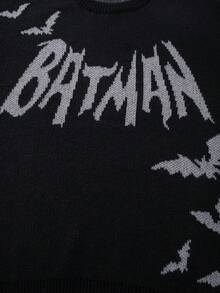 Warner Bros 男士休闲宽松蝙蝠侠提花图案圆领长袖套头毛衣，街头风，适合秋冬季穿着 - 黑色 - 查看 6