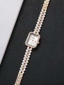 2件套女士礼品珍珠手表，方形表盘镶钻，时尚休闲珍珠水钻石英手链手表组合（不含手表） - 彩色 - 查看 9