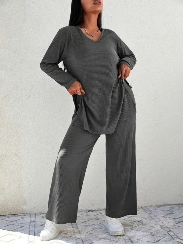 Plus Size Casual Rib-Knit V-Neck Tee And Wide Leg Pants Set With Split Detail Modest Loungewear For Women