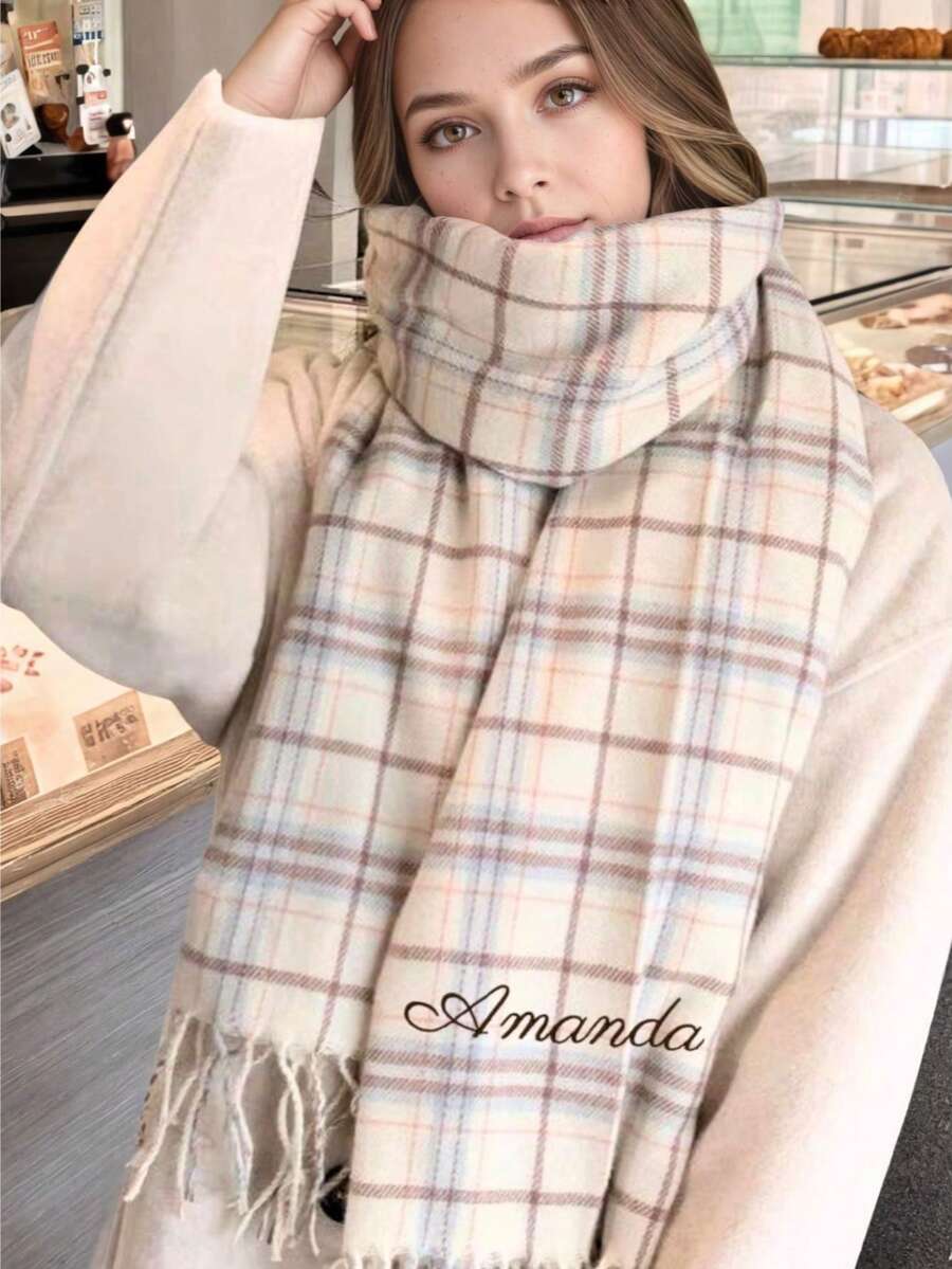 1 Personalized Custom Imitation Cashmere Tassel Scarf, Unisex Warm Scarf, Customized Name/Initials/Phrases, Personalized Gift, Fashionable, Colorful, Vintage, Simple, Stylish, Autumn Fashion, Old Money Customized, Personalized, Unique, Customized Ideal Gift For Men/Women, Winter Fashion, Christmas Gifts, Christmas Decorations,