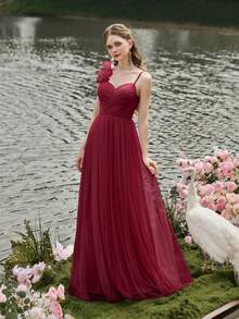 Faeriesty Luxe ELegant Ruched Front Mesh Overlay Cami Party Dress - Burgundy - View 3