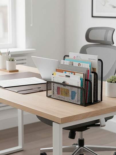 1pc Desk Mail Organizer With 3-Slot,Black Mesh Metal Countertop File Holder,Book Letter Document Filing Folders Paper Organizer.