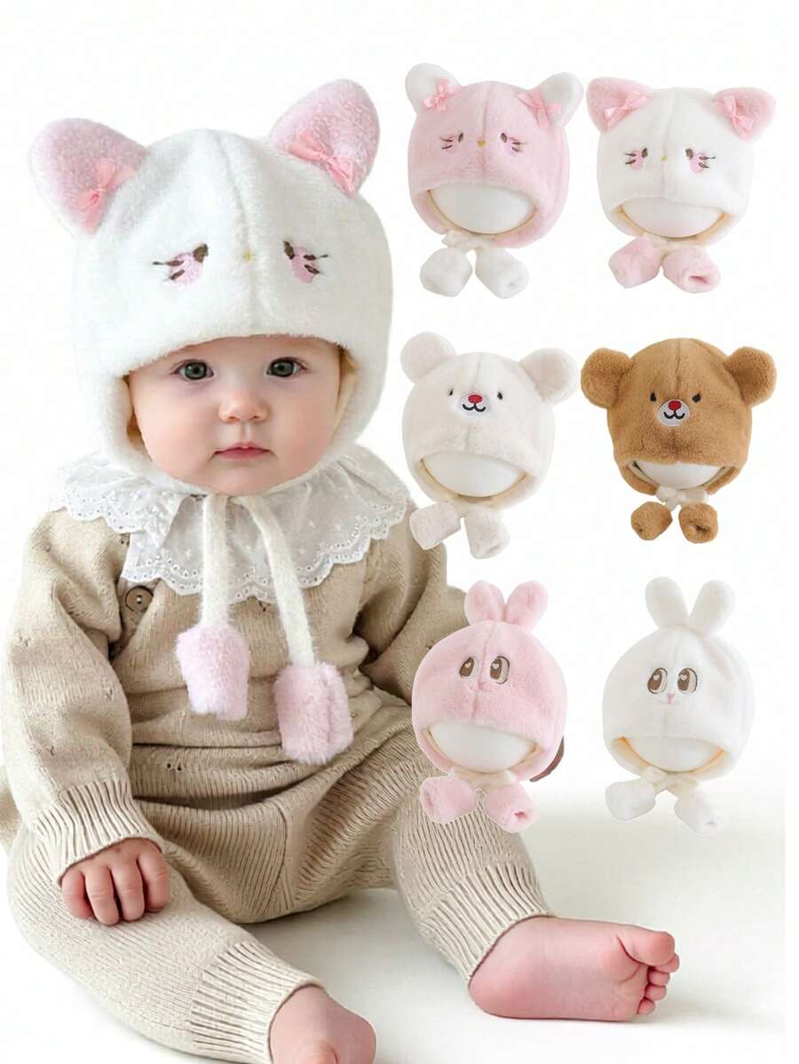 1pc Toddler Plush Ear Ion Hat, Cute Bear/Cat/Rabbit Shape Plush Warm Cap, Baby Boys Girls Autumn Winter Daily Warm Hat
