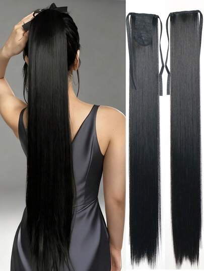 Extensão de cabelo sintético para rabo de cavalo preto, liso e extra longo de 18 a 34 polegadas para mulheres