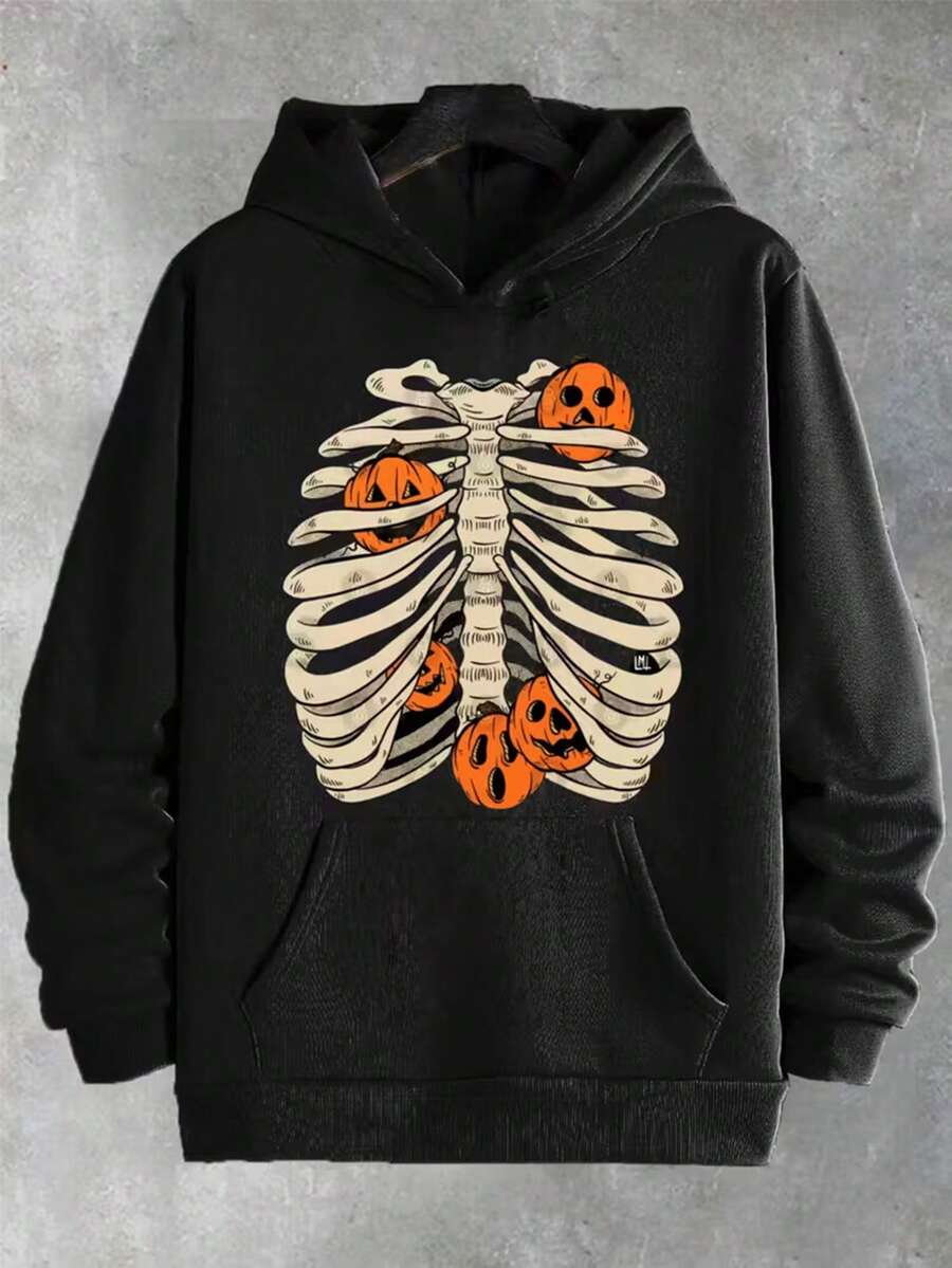 Men'S Halloween Skeleton & Pumpkin Graphic Hoodie - Retro Humor Slogan Print, Soft Casual Sweatshirt With Applique Detail, Regular Fit Cap Sleeve Pullover For Fall, Halloween Apparel, Fun Adult Humor Design Pattern, Casual Wear,Fall Hoodies,Men's Fall Clothes,Street Wear,Halloween,Mens Hoodies,Y2k Clothes,Jesus Hoodie,Thanksgiving Day,Nightmare Before Christmas,Christmas - Black - View 1