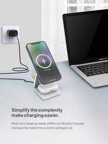 3-In-1 Wireless Charging Stand, Magnetic Design, Compatible With 12/13/14/15/16/17, Fast Charging Station, Compatible With Series 1~11, SE 1~3, Ultra 1~3, Pro 2/3, 4, With Active Noise Cancellation, Foldable, Portable - White - View 3