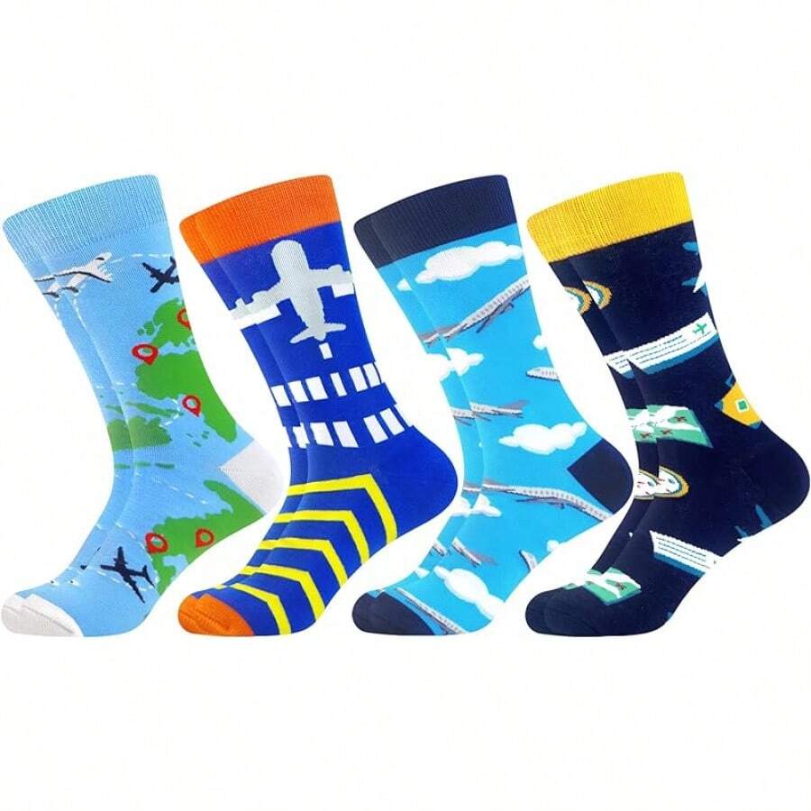 Men's Funny Novelty Crazy Pattern Dress Socks For Gifts - Green/Black/Navy Blue/Blue/Multicolor Airplane-4m - View 1