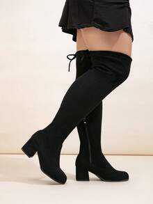 بوت نسائية طويلة للركبة للشتاء، بوت ذات كعب سميك مرنة، بوت سوداء، مانعة للانزلاق، بوت خريفية، بوت كعب عالي مناسبة للقدم العريضة - سحاب مخملي أسود - مشاهدة 6