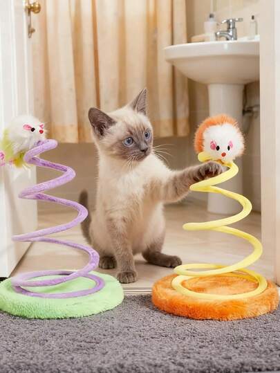 [Automatic Cat Toy] Interactive Automatic Cat Toy With Colorful Plush Mice | Spring-Loaded Mice Chaser For Indoor Cats, Interactive Play & Mental Stimulation, Random Color, Battery-Free Kitten Entertainment