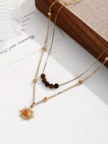 قلادة زهرة عباد الشمس الذهبية العتيقة وحجر العين النمري، لون بني وذهبي، مجوهرات يومية وحفلات رسمية، قلادة متعددة الطبقات مناسبة للشتاء للنساء، سلسلة كنزة متعددة الطبقات، إكسسوار قلادة الترقوة، مناسبة للحفلات والولائم، خريف/شتاء