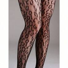 1pc Plus Size High Stretch Leopard Print Fishnet Leggings, Sexy Black Hollow Net Stockings For Halloween Costume, Fashionable - 黑色 - 查看 6