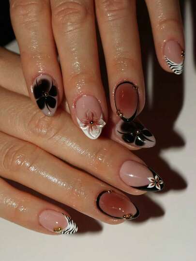 24Pcs/Set Short Oval 3D Gel Flower Brown Gradient Design French Tip Press On Nails Acrylic ,Short Nails ,Decorate With Gold Beads,Include: 1pc Jelly Glue And 1pc Nail File,Very Suitable For Woman Girl Daily Work & Rave Party Use