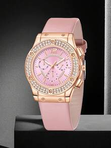 7pcs, Ladies' Watch, Modern Minimalist Luxury Diamond Studded Quartz Watch, Pu Strap, Paired With Pink Floral Bracelet Set, Including Bracelet, Ring, Necklace, Earrings, Watch Bracelet Set, Suitable For Daily Wear, A Birthday Gift For Friends