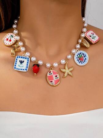 1 件水果樱桃海星吊坠项链，适合女士夏季海滩风格仿珍珠串珠项链，职业风格波西米亚风格珠宝