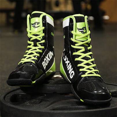 Zapatos de lucha profesional para hombres, zapatos de entrenamiento de competición de caña alta, zapatos de lucha y botas de fitness, zapatos deportivos de patchwork de colores, material de cuero sintético y malla, zapatos de entrenamiento de boxeo antideslizantes para interiores, adecuados para todas las estaciones, talla: 36-46