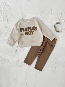 Set de 2 piezas de sudadera de manga larga con parche de letras y pantalones casuales para niño bebé, primavera/verano - Marrón - Ver 6