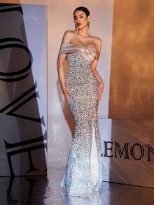 Women's Sexy Asymmetric Off Shoulder Gradient Sequin High Slit Party Evening Dress - Gold - View 5