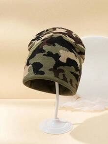 1pc Women's Camouflage Knitted Hat, Autumn/Winter Warm Street Style Casual Beanie - 軍綠色 - 查看 3