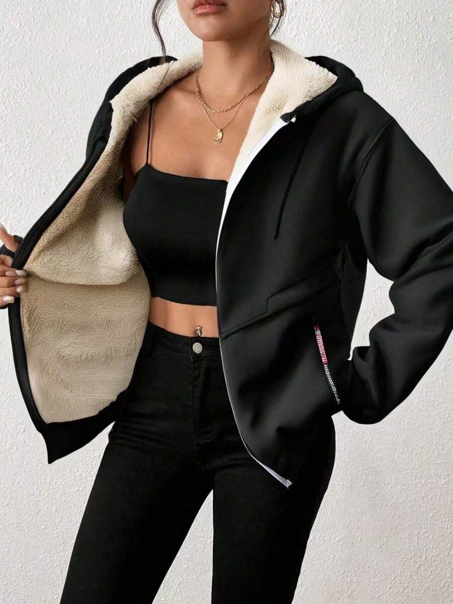 Damen Fleecejacke, Sherpa-gefüttert, warm und windabweisend für Outdoor-Aktivitäten, geeignet für Herbst/Winter Schwarze Urlaubs-Casual - Schwarz - Übersicht 1