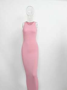 Vestido largo sin mangas de canalé sexy de Body ceñido en color rosa para mujer - Rosa Pálido - Ver 3
