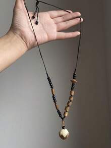 1 pieza Collar de cuentas de madera y jade blanco de estilo zen chino, cadena de suéter larga de inspiración vintage, adecuado para ocasiones formales, regalo ideal para amigos y familiares