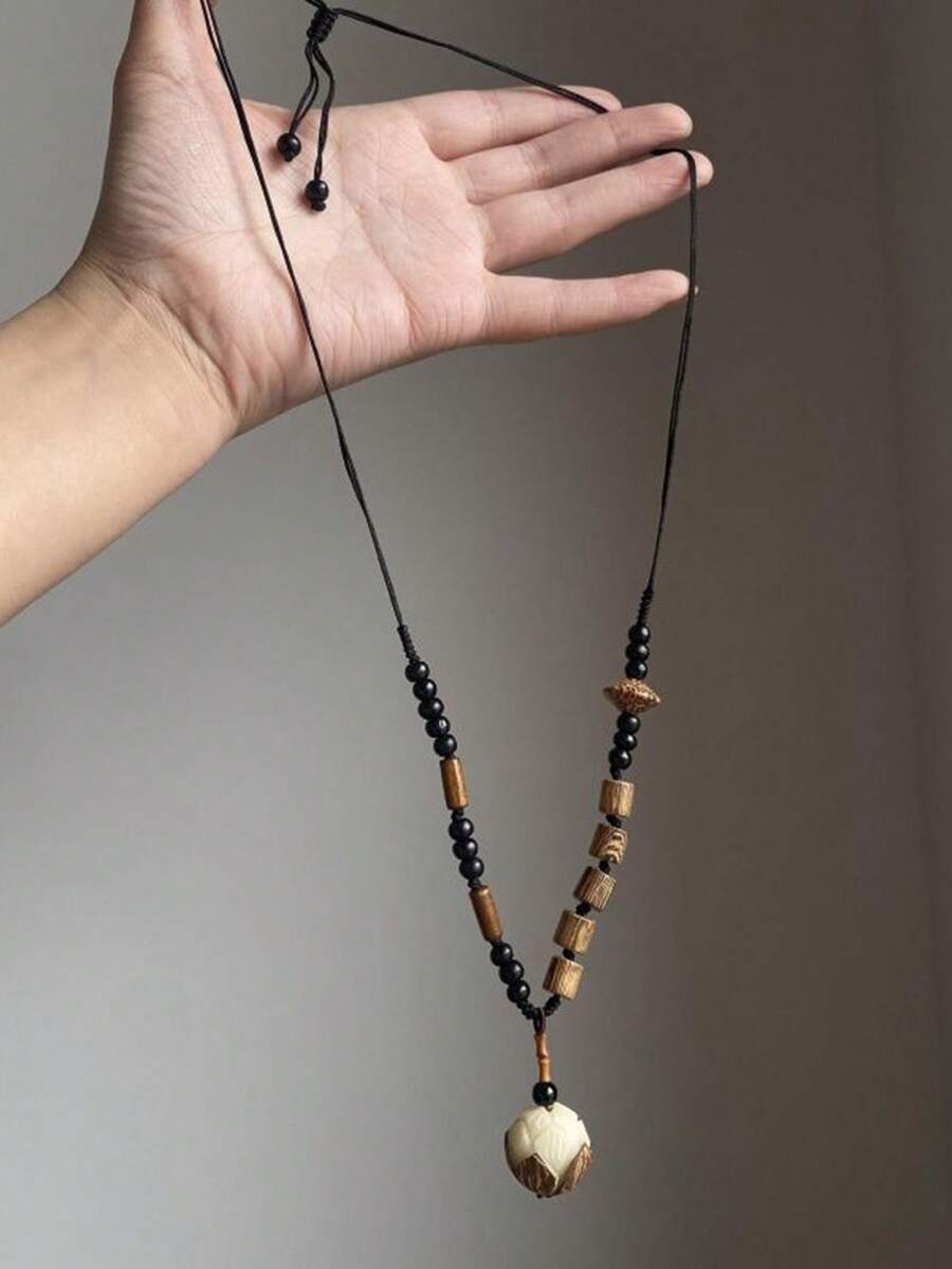 1 pieza Collar de cuentas de madera y jade blanco de estilo zen chino, cadena de suéter larga de inspiración vintage, adecuado para ocasiones formales, regalo ideal para amigos y familiares