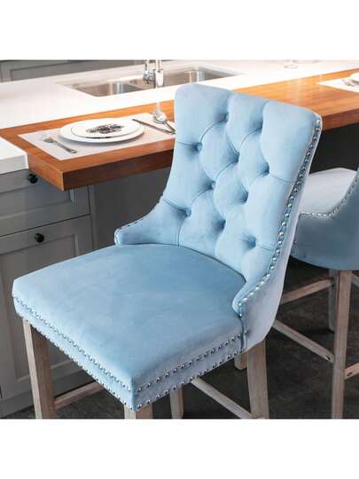 Contemporary Fluwelen Upholstered Button Tufted ation Wooden Legs, Chrome Studded Head ation, Bar Chairs, Stools, Set Of 2, DE2002OG view 5