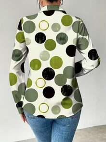 Camisa de mujer de manga larga con cuello, estampado de lunares, cierre con botones delanteros, bajo de longitud regular, tela tejida sin estiramiento