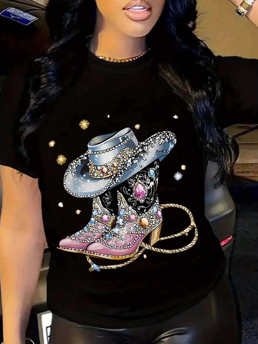 Women's Casual T-Shirt With Cowboy Hat And Boots Print - Western Style Fashion Top For Daily Wear, Party, Or Vacation, Is The Best Gift For Female Friends, Low-Stretch Cotton Fabric (L-5XL). - 黑色 - 查看 1