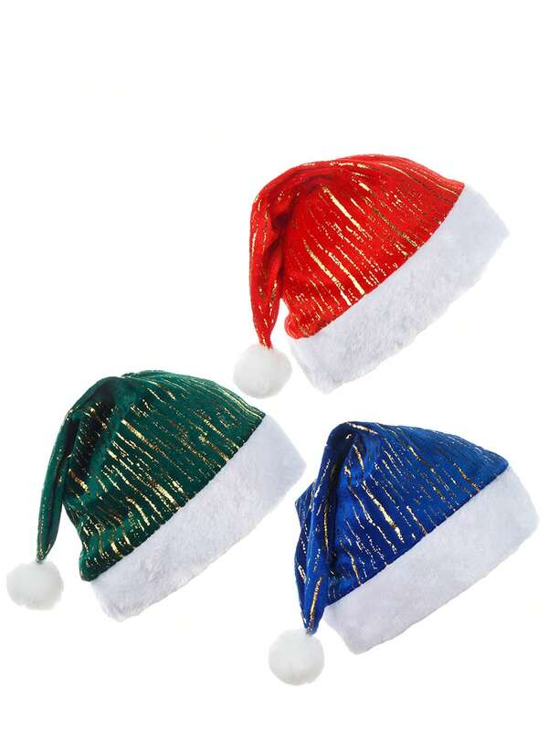 1pc New Christmas Decoration, Red, Green, Blue Plush Santa Hat With Metallic Gold Plush Trim