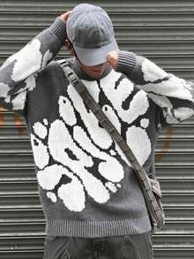 1 Stück Lässiger, vielseitiger asymmetrischer Jacquard-Strick Loose Fit Outdoor Sport Pullover für Teenager Jungen