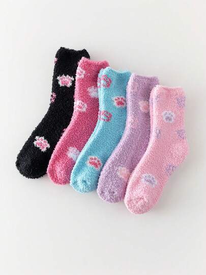 5 Pairs Women's Autumn/Winter Coral Thermal Lining Half Plush Socks, Cute Flower, Cat Claw, Bow Design, Fashionable & Versatile Mid-Calf Socks For Daily Wear
