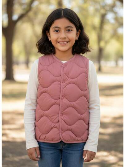 Chaleco niña casual juvenil acolchado patrón ondulado tela ligera color sólido corte holgado cuello en V sin mangas otoño invierno uso diario chaleco