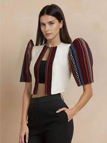 Amyenjoylife 现代菲律宾风情上衣，蝴蝶袖菲律宾风情上衣，女士春夏印花立领泡泡袖撞色拼接开衫，女士菲律宾风情短外套，杏色上衣 - 杏色 - 查看 5