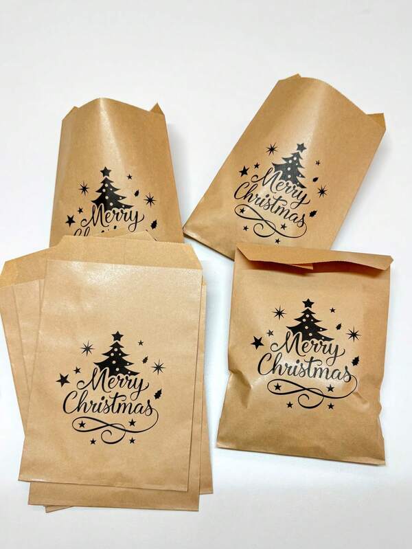 25pcs Christmas Kraft Paper Gift Bags, Christmas Party Favor Bags, Holiday Festival Gift Wrapping Supplies,Christmas Valentine Day
