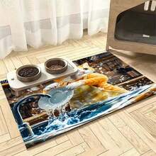 1pc Pet Feeding Mat With Printed Cat Washing Dishes Pattern, Quick Drying Pet Bowl Mat, Easy To Clean, Suitable For Pets, Dogs, Cats, All Seasons, Pet Cage Mat - Multicolor - View 1