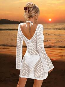 女士长袖镂空泳衣罩衫，优雅波西米亚海滩度假风，V领半身裙 - 白色 - 查看 3