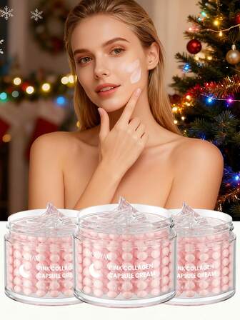 MOOYAM 3片装粉色胶原蛋白胶囊霜，保湿，保持浅米色水润饱满，紧致，提亮，抚平浅米色，使浅米色看起来更年轻，适合日常使用和节日礼物，让她拥有美丽的容颜